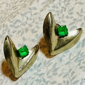 Glowing Green Gems Sterling Silver Earrings, Screw Back Vintage